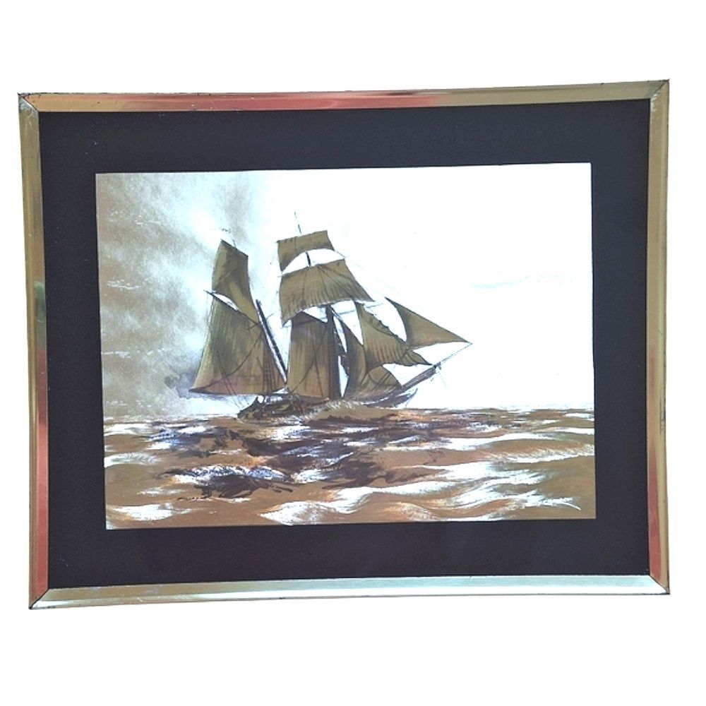 Vintage Dufex Foil Art Prints Sailing Ships Framed Gold Black Pair 10 X 8 each - Picture 13 of 14